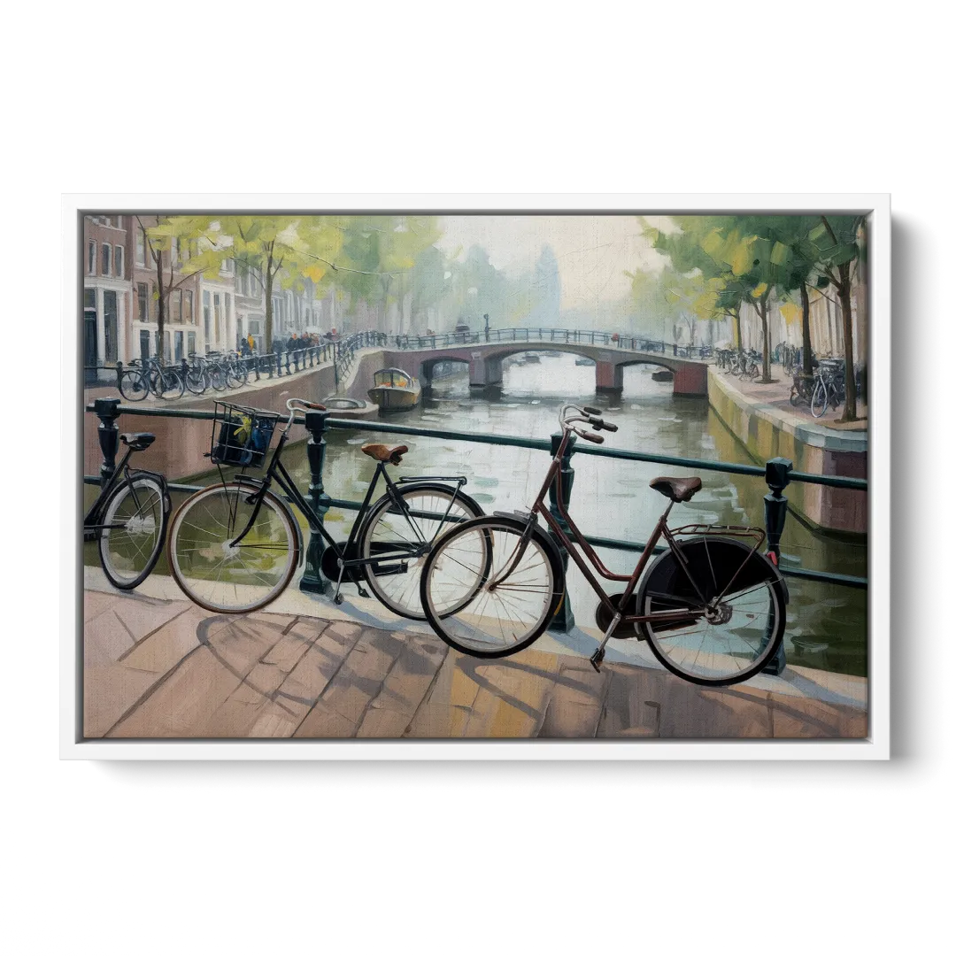 Bicycles of Amsterdam Front - White Canvas Wall Art