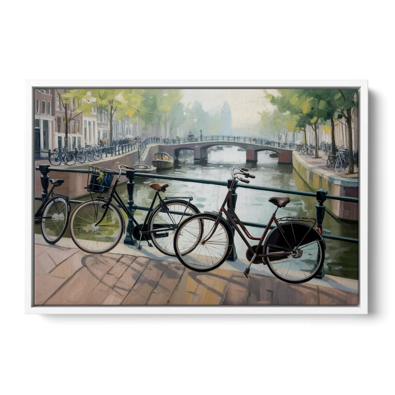 Bicycles of Amsterdam Front - White Canvas Wall Art