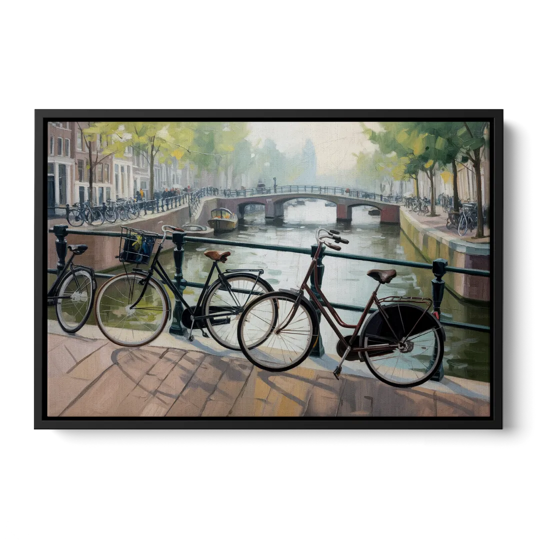 Bicycles of Amsterdam Front - Black Canvas Wall Art