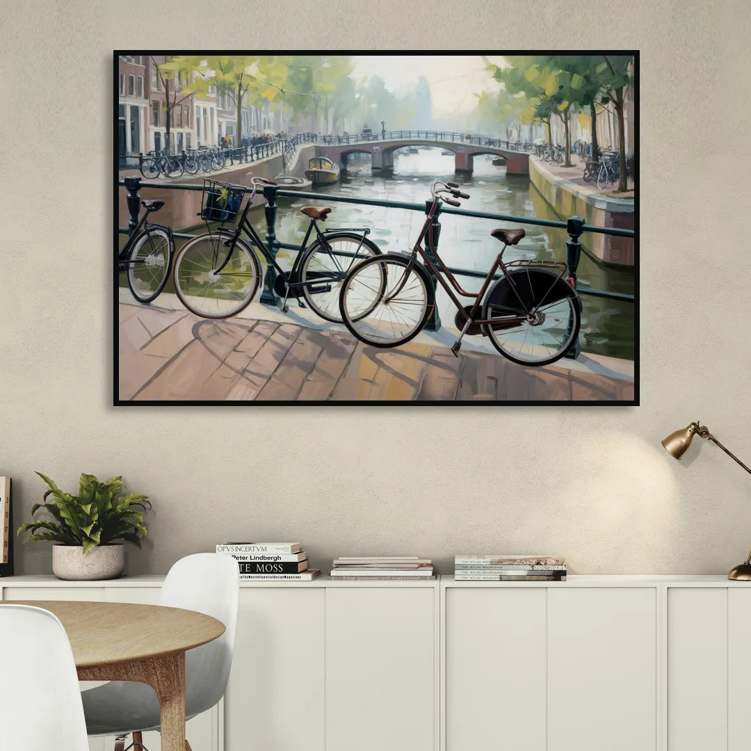 Bicycles of Amsterdam Sitting Room - Black Canvas Wall Art