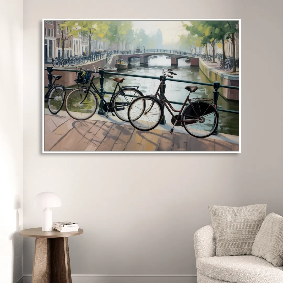 Bicycles of Amsterdam Sitting Room - White Canvas Wall Art