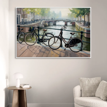 Bicycles of Amsterdam Sitting Room - White Canvas Wall Art