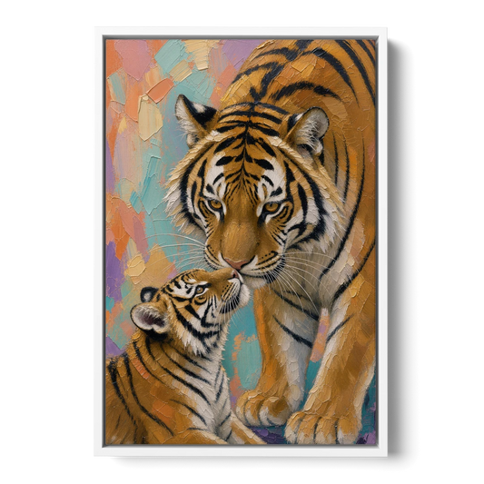 Impasto Big Cat Mother and Cub Nuzzle - White Framed Canvas Wall Art - Front