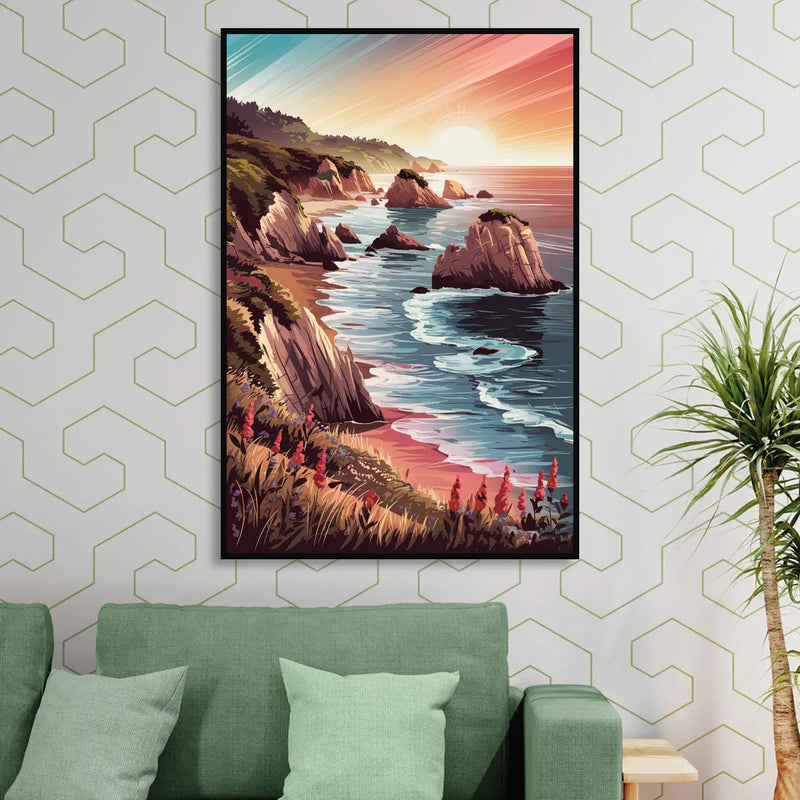 Big Sur Coastal Sunset Sitting Room - Black Canvas Wall Art