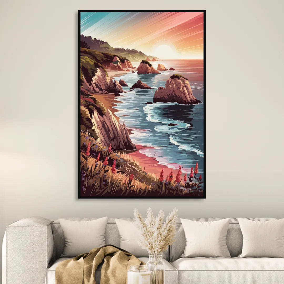 Big Sur Coastal Sunset Living Room - Black Canvas Wall Art