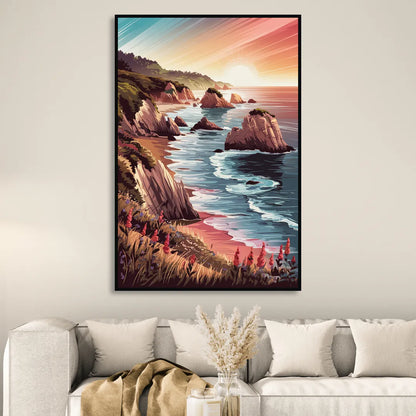 Big Sur Coastal Sunset Living Room - Black Canvas Wall Art