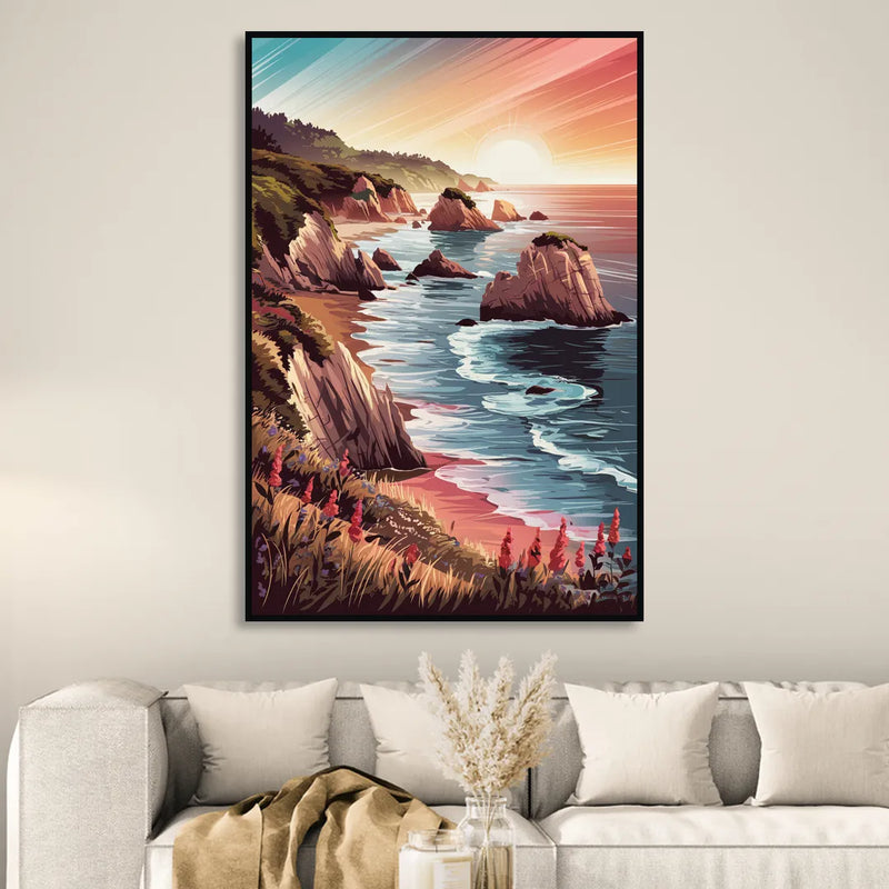 Big Sur Coastal Sunset Living Room - Black Canvas Wall Art