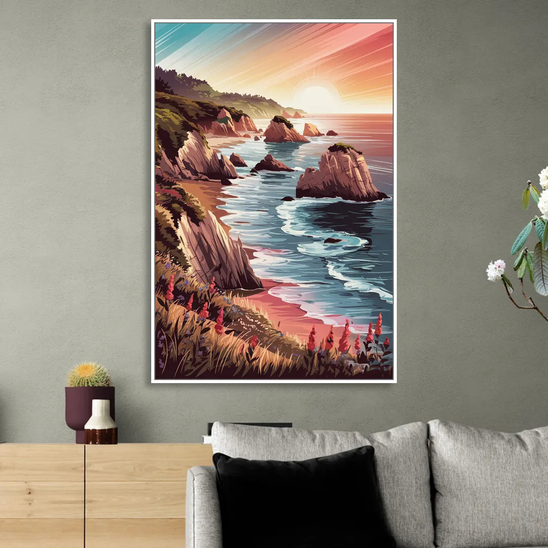 Big Sur Coastal Sunset Sitting Room - White Canvas Wall Art