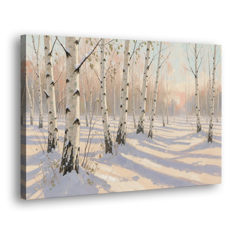 Birch Forest Painting in Morning Snow - Canvas Wall Art - Side