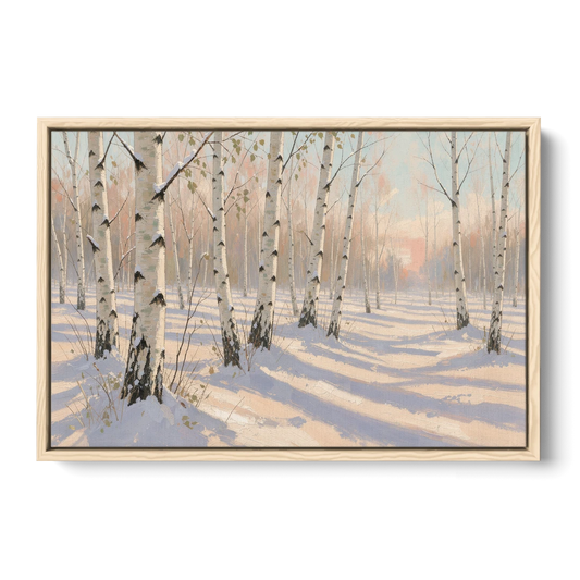 Birch Forest Painting in Morning Snow - Oak Framed Canvas Wall Art - Front