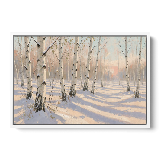 Birch Forest Painting in Morning Snow - White Framed Canvas Wall Art - Front