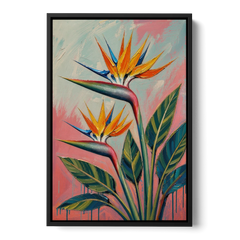 Bird of Paradise Painting in Coral Heat - Black Framed Canvas Wall Art - Front