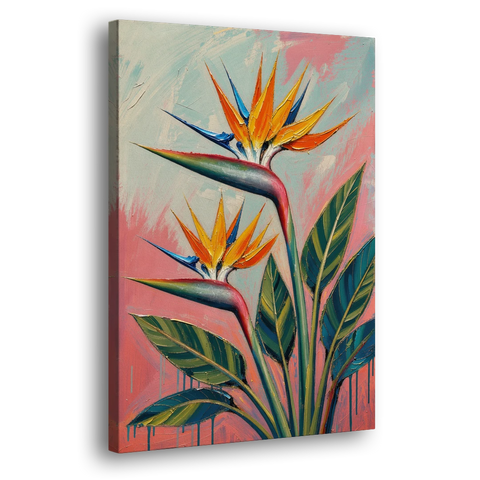 Bird of Paradise Painting in Coral Heat - Canvas Wall Art - Side