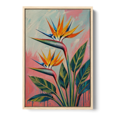 Bird of Paradise Painting in Coral Heat - Oak Framed Canvas Wall Art - Front