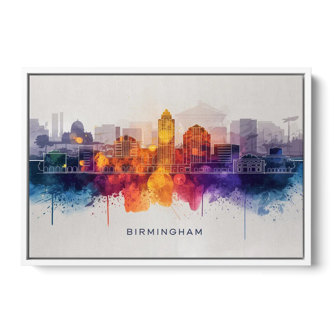 Birmingham Downtown Skyline Front - White Canvas Wall Art