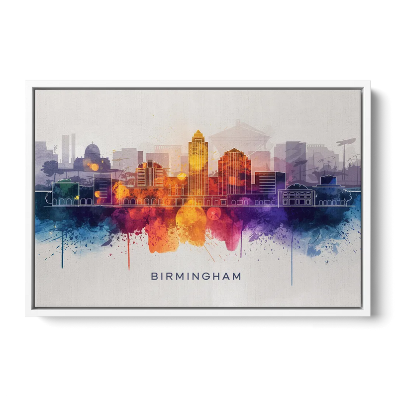Birmingham Downtown Skyline Front - White Canvas Wall Art