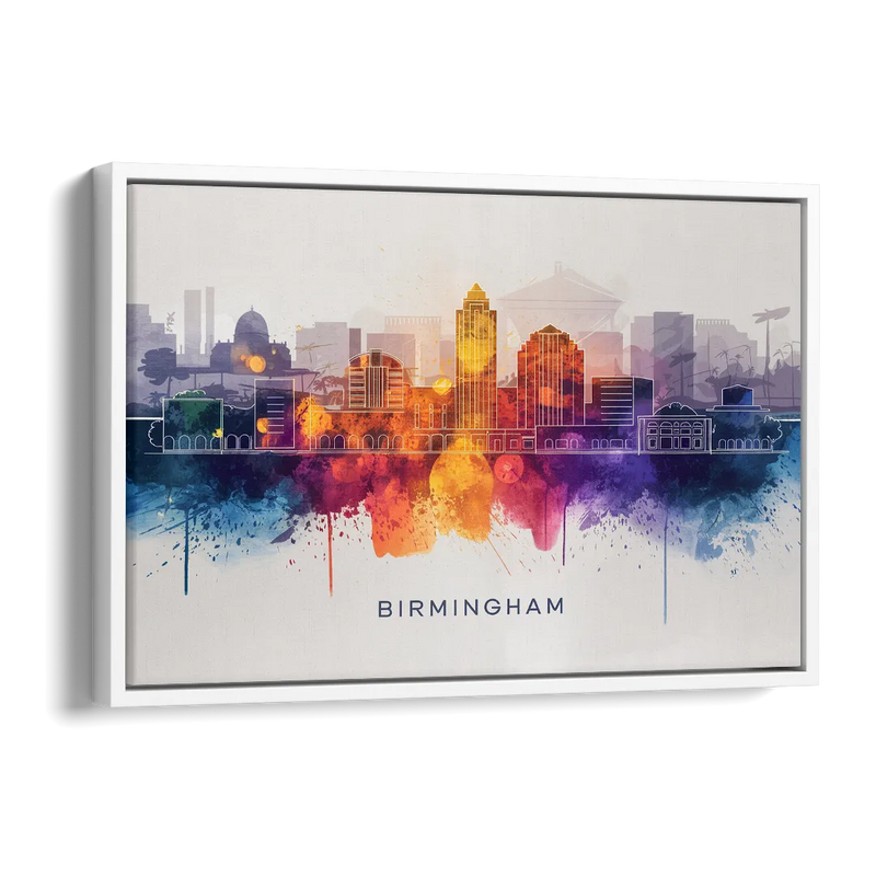 Birmingham Downtown Skyline Side - White Canvas Wall Art