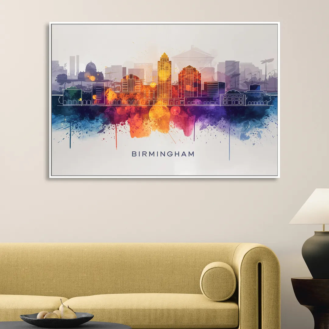 Birmingham Downtown Skyline Living Room - White Canvas Wall Art