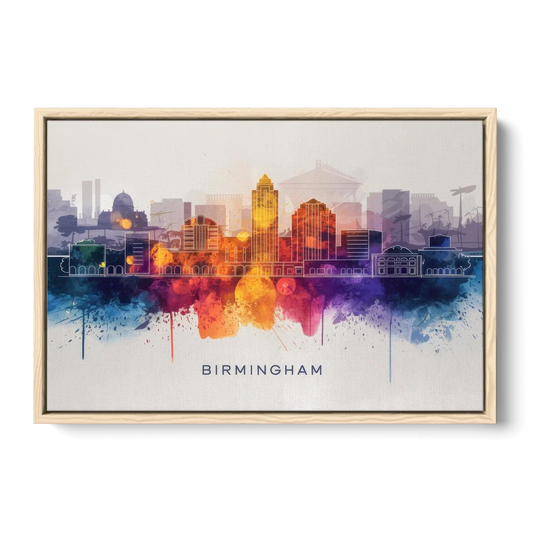Birmingham Downtown Skyline - Oak Framed Canvas Wall Art - Front