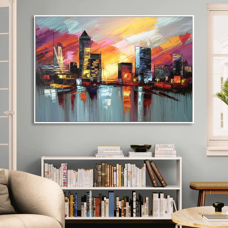 Birmingham Sunset Skyline Sitting Room - White Canvas Wall Art