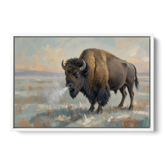 Bison Wall Art Winter Breath on the Prairie - White Framed Canvas Wall Art - Front
