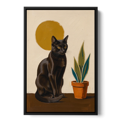 Black Cat and Snake Plant Under a Mustard Sun - Black Framed Canvas Wall Art - Front