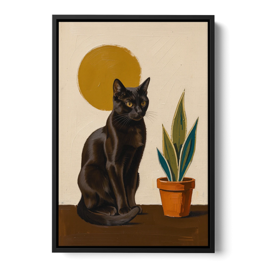 Black Cat and Snake Plant Under a Mustard Sun - Black Framed Canvas Wall Art - Front