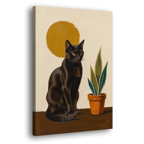 Black Cat and Snake Plant Under a Mustard Sun - Canvas Wall Art - Side