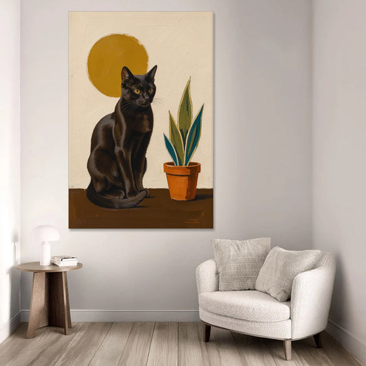 Black Cat and Snake Plant Under a Mustard Sun - Canvas Wall Art - Sofa - 40x60