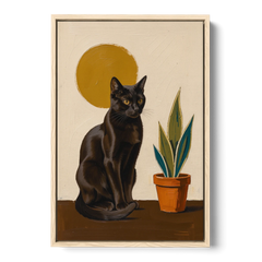 Black Cat and Snake Plant Under a Mustard Sun - Oak Framed Canvas Wall Art - Front