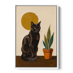 Black Cat and Snake Plant Under a Mustard Sun - White Framed Canvas Wall Art - Front