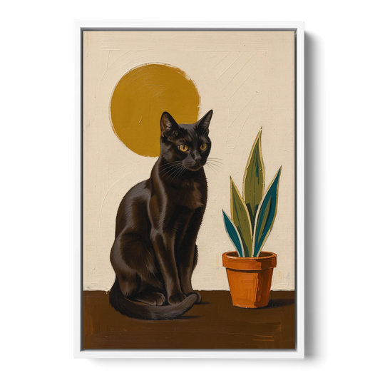 Black Cat and Snake Plant Under a Mustard Sun - White Framed Canvas Wall Art - Front