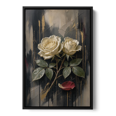 Black Floral Wall Art with Ivory Roses and Gold - Black Framed Canvas Wall Art - Front