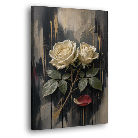 Black Floral Wall Art with Ivory Roses and Gold - Canvas Wall Art - Side