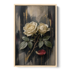 Black Floral Wall Art with Ivory Roses and Gold - Oak Framed Canvas Wall Art - Front