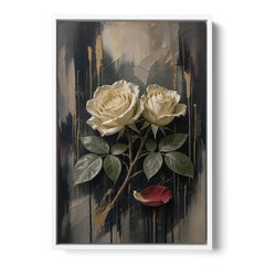 Black Floral Wall Art with Ivory Roses and Gold - White Framed Canvas Wall Art - Front