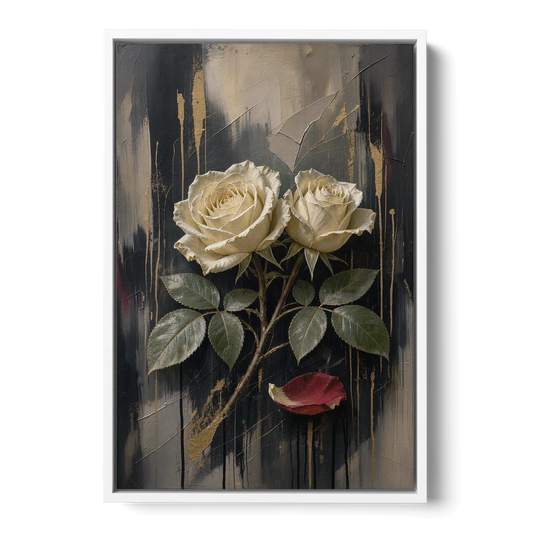 Black Floral Wall Art with Ivory Roses and Gold - White Framed Canvas Wall Art - Front