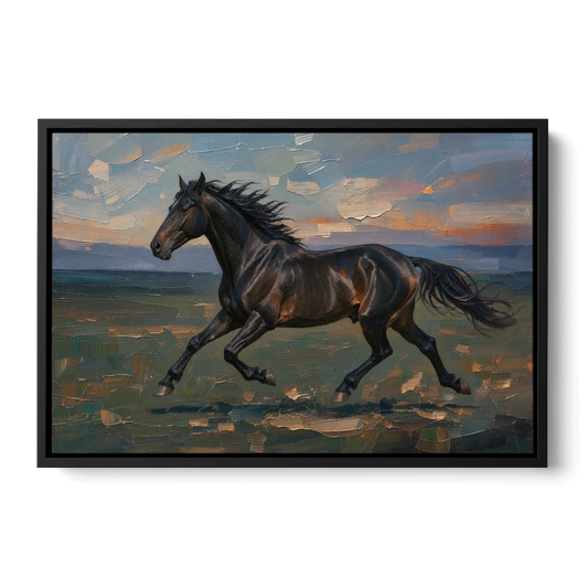 Black Horse Painting at Full Gallop - Black Framed Canvas Wall Art - Front