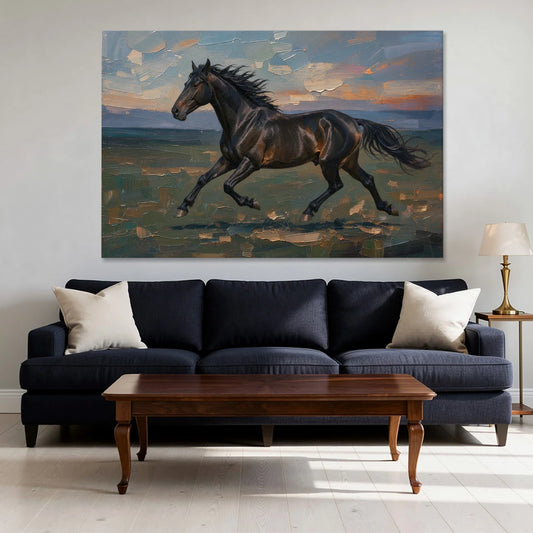 Black Horse Painting at Full Gallop - Canvas Wall Art - Sofa - 60x40