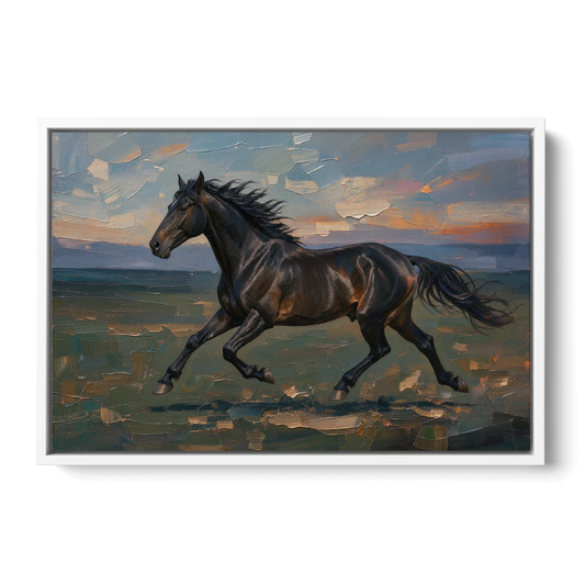 Black Horse Painting at Full Gallop - White Framed Canvas Wall Art - Front