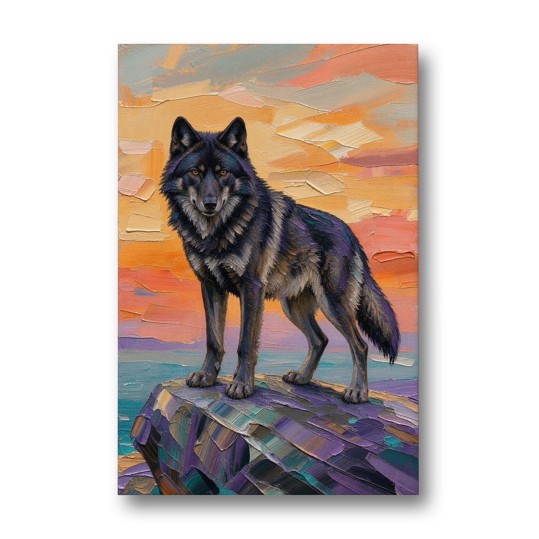 Black Wolf Painting on Granite at Sunset - Canvas Wall Art - Front