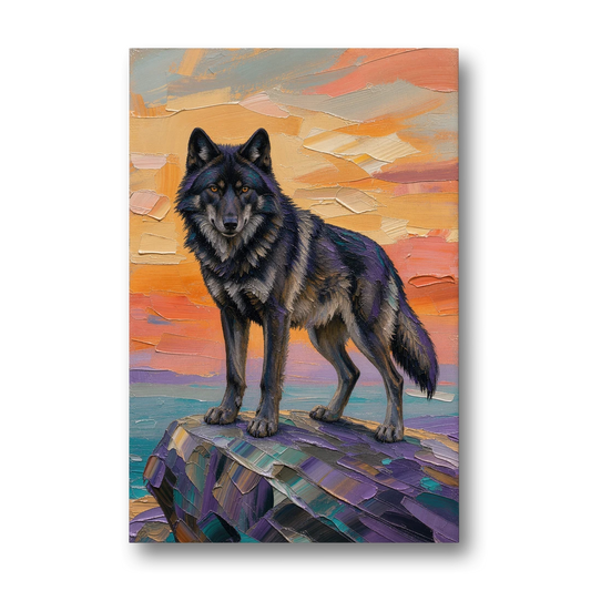 Black Wolf Painting on Granite at Sunset - Canvas Wall Art - Front