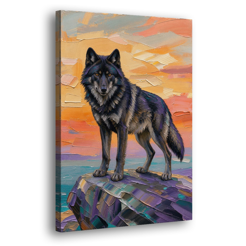 Black Wolf Painting on Granite at Sunset - Canvas Wall Art