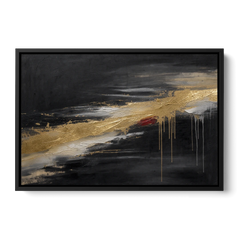 Black and Gold Abstract with Crimson Ember for Dining Rooms - Black Framed Canvas Wall Art - Front