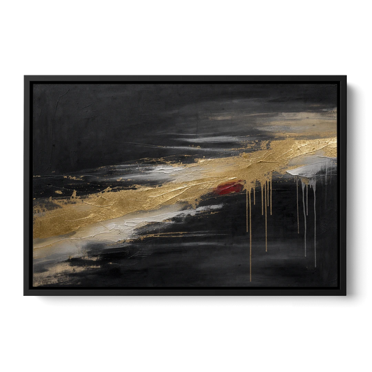 Black and Gold Abstract with Crimson Ember for Dining Rooms - Black Framed Canvas Wall Art - Front