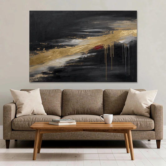 Black and Gold Abstract with Crimson Ember for Dining Rooms - Canvas Wall Art - Sofa - 60x40