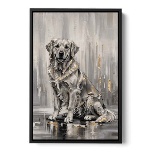 Black and Gold Golden Retriever Painting - Black Framed Canvas Wall Art - Front