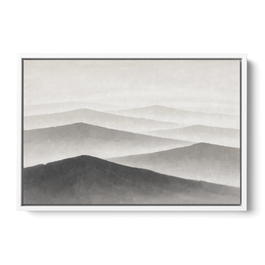 Black and White Bedroom Wall Art of Misty Ridges - White Framed Canvas Wall Art - Front