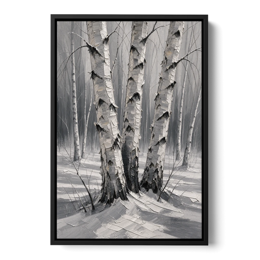 Winter Black and White Birch Trio in Deep Snow - Black Framed Canvas Wall Art - Front