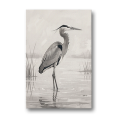 Black and White Bird Painting of a Marsh Heron - Canvas Wall Art - Front